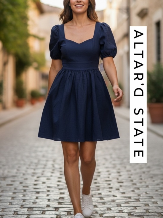 Altar'd State Dresses & Skirts - NWT Altar'd State navy puff sleeve vneck dress, XS, GL1360